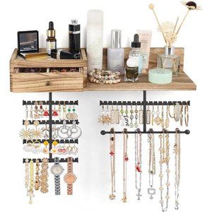 Jewelry Organizer Hanging Wall Mounted Jewelry Holder with Rustic Wood Drawer